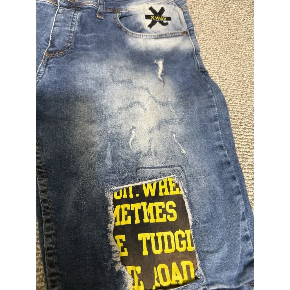 Xway Kapri Shorts Mens 38 Waist Denim Graphic Distressed Y2K Acid Wash